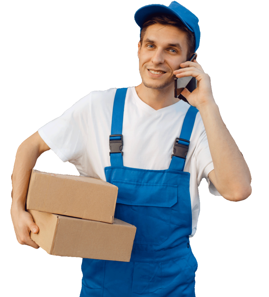 deliveryman in uniform holds parcel and phone GMNT8LD 4