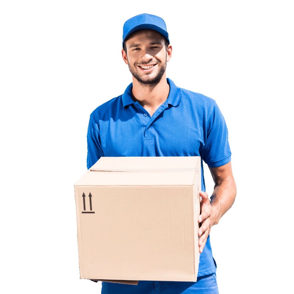 smiling delivery man with box next to car G57T66J